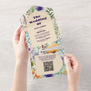 Invitación Todo En Uno Código QR Elegante color de agua Boda de flores si