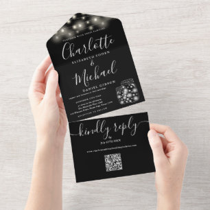 Invitación Todo En Uno Código QR en frascos de Mason iluminados en blanco