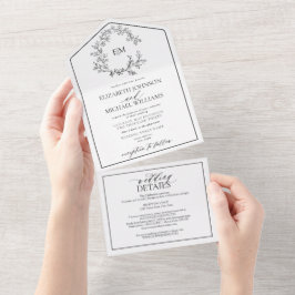 Invitación Todo En Uno Código QR Escudo blanco negro Leafy Monograma Boda