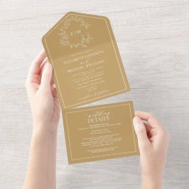 Invitación Todo En Uno Código QR Escudo dorado  Monograma Boda