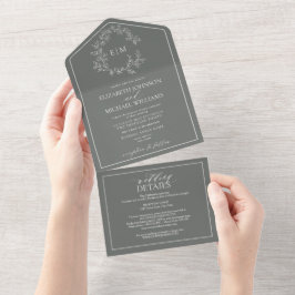 Invitación Todo En Uno Código QR Eucalyptus Escudo de Leafa Verde Monogra