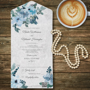 Invitación Todo En Uno Código QR Floral Azul Dusto