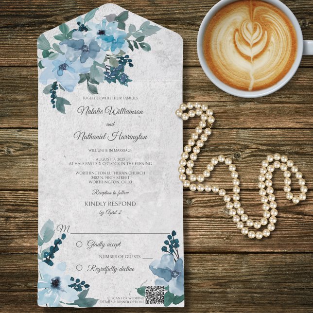 Invitación Todo En Uno Código QR Floral Azul Dusto (Subido por el creador)