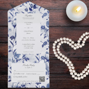Invitación Todo En Uno Código QR Floral Azul Vintage