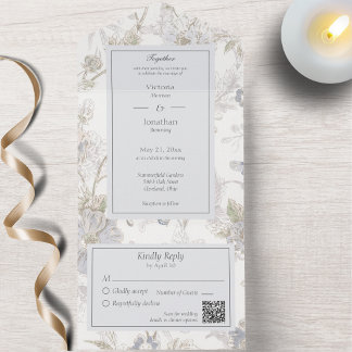 Invitación Todo En Uno Código QR Floral Azul Vintage