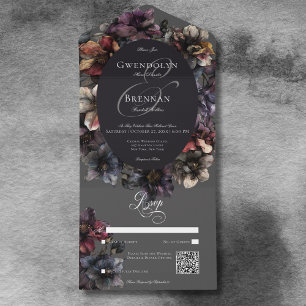 Invitación Todo En Uno Código QR floral de color húmedo gótico oscuro