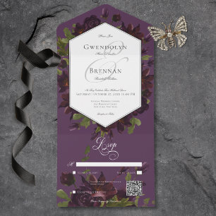 Invitación Todo En Uno Código QR floral de color morado oscuro Moody