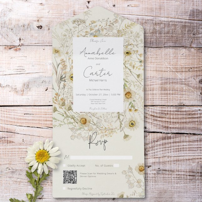 Invitación Todo En Uno Código QR floral de Daisies secos rústicos moderno (Modern Rustic Dried Daisies Floral QR Code All In One Invitation)