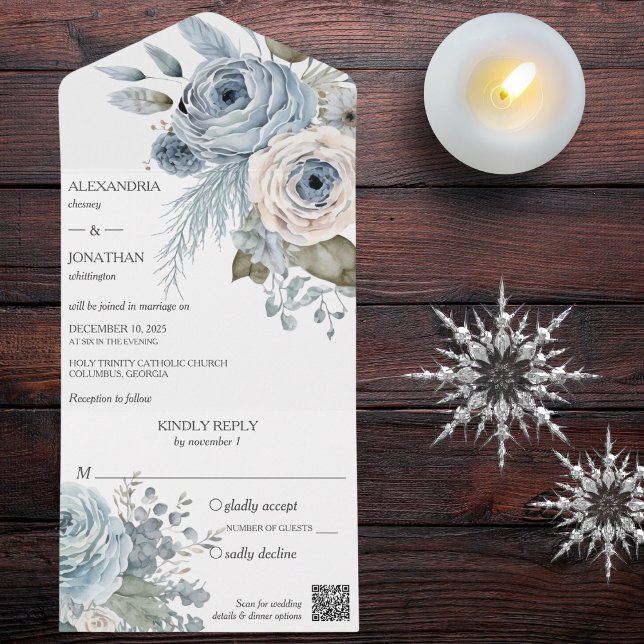 Invitación Todo En Uno Código QR floral de invierno azul de hielo (Subido por el creador)