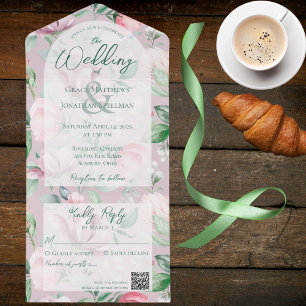 Invitación Todo En Uno Código QR floral de país rosa y verde
