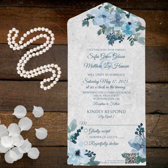 Invitación Todo En Uno Código QR floral de un país azul turbio (Subido por el creador)