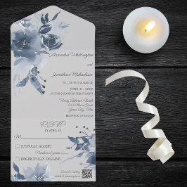Invitación Todo En Uno Código QR Floral en Azul Polvo con Acuarela sobre 