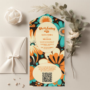 Invitación Todo En Uno Código QR Floral Groovy Boda Retro
