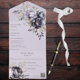 Invitación Todo En Uno Código QR floral negro y de lavanda