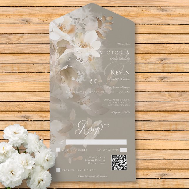 Invitación Todo En Uno Código QR floral neutro eéreo romántico beige (Romantic Ethereal Neutral Beige Floral QR Code All In One Invitation)