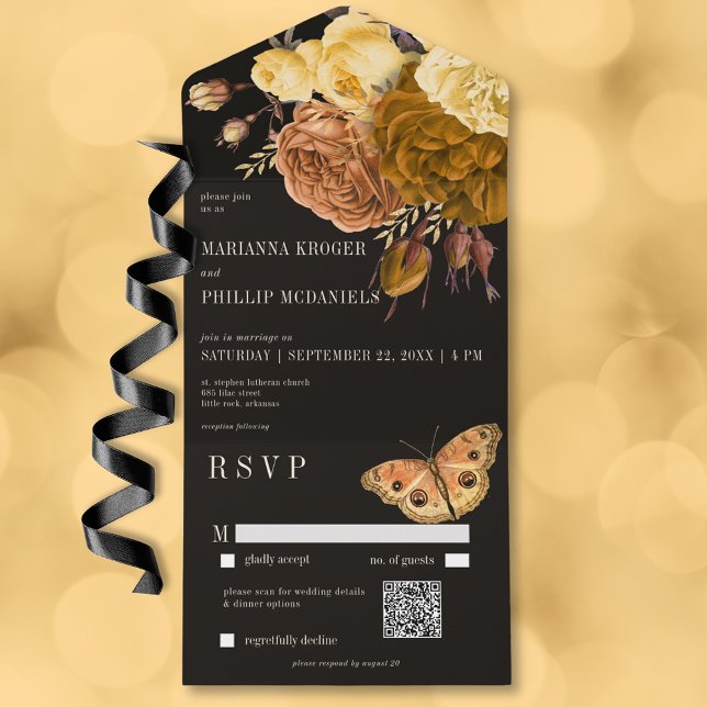 Invitación Todo En Uno Código QR floral oscuro de otoño negro (Dark Moody Black Autumn Floral QR Code All In One Invitation)