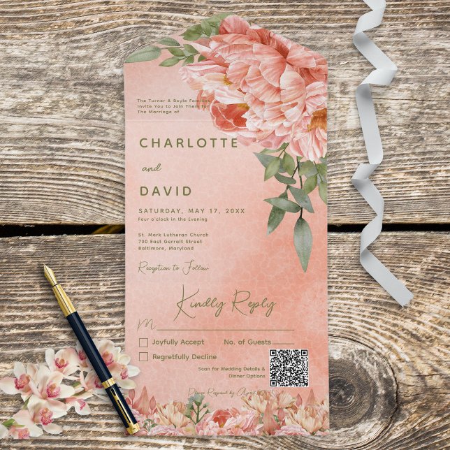 Invitación Todo En Uno Código QR floral para personas de Rubor moderno (Subido por el creador)