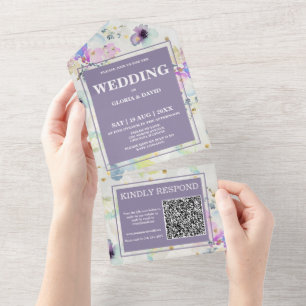 Invitación Todo En Uno Código QR floral romántico malabar
