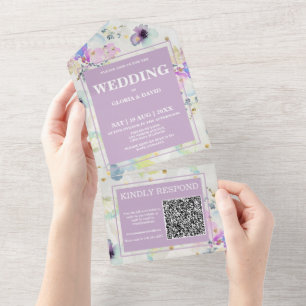 Invitación Todo En Uno Código QR floral romántico malabar