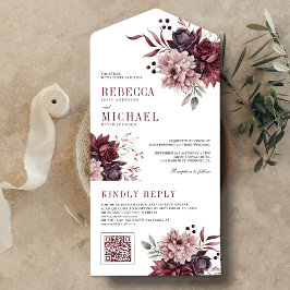 Invitación Todo En Uno Código QR Floral Rosa Polvo Borgoña Boda