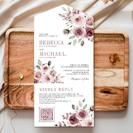 Invitación Todo En Uno Código QR Floral Rosa Polvoriento Boda