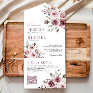 Invitación Todo En Uno Código QR Floral Rosa Polvoriento Boda