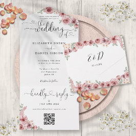 Invitación Todo En Uno Código QR floral rosa polvoriento script corazones