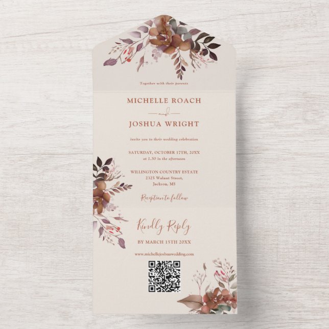 Invitación Todo En Uno Código QR Floral Rústico Boda Otoño (Interior)