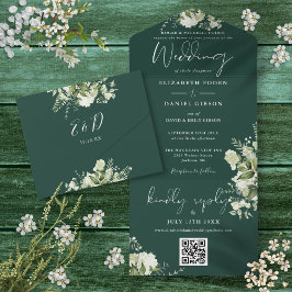 Invitación Todo En Uno Código QR floral verde esmeralda para boda formal