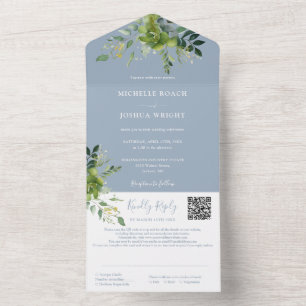Invitación Todo En Uno Código QR Floral Verde Olvido Boda