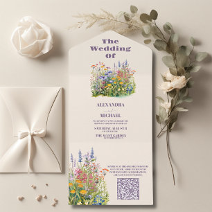 Invitación Todo En Uno Código QR Flores silvestres simples Boda Jardín Bo