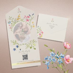 Invitación Todo En Uno Código QR Foto de Flor Silvestre Boda