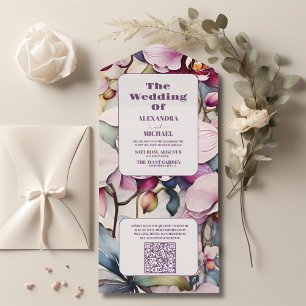 Invitación Todo En Uno Código QR Fuchsia color de agua rosa caliente orqu