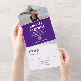 Invitación Todo En Uno Código QR Fuente Retro Púrpura Foto Boda Moderna