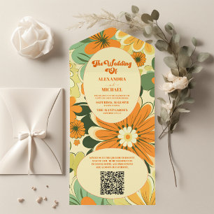 Invitación Todo En Uno Código QR Groovy Boho Retro Floral Boda
