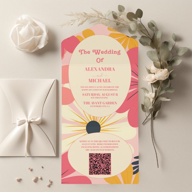 Invitación Todo En Uno Código QR Groovy Retro Boda Rosa y Oro (Subido por el creador)