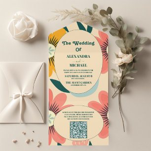 Invitación Todo En Uno Código QR Groovy Retro Rosa y Dorado Boda