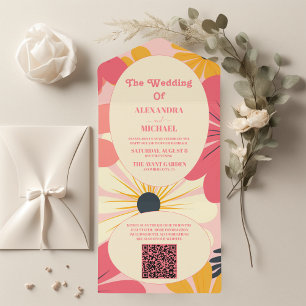 Invitación Todo En Uno Código QR Groovy Retro Rosa y Dorado Boda