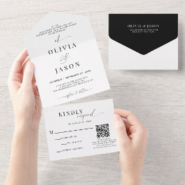 Invitación Todo En Uno Código QR Guión romántico Black Wedding Rsvp