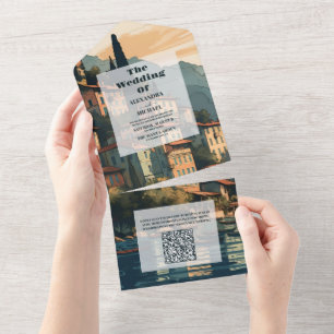 Invitación Todo En Uno Código QR Italia Lago Como Boda de Destino
