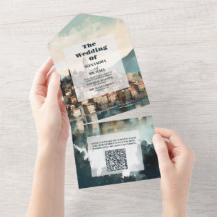 Invitación Todo En Uno Código QR Italia Lago Como Boda de Destino