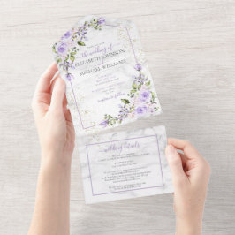 Invitación Todo En Uno Código QR Lavanda Lilac Dorada Marble Floral Boda