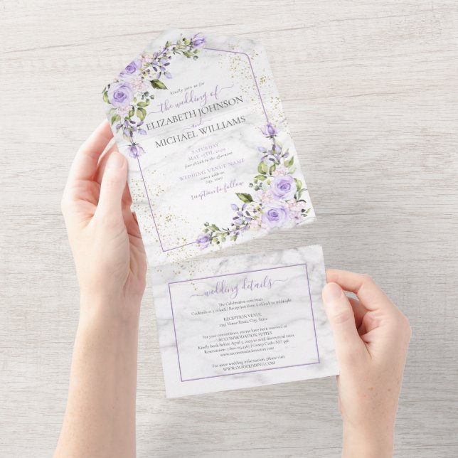 Invitación Todo En Uno Código QR Lavanda Lilac Dorada Marble Floral Boda (desgarro)
