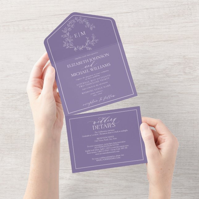 Invitación Todo En Uno Código QR Lilac Lavender Leafy Escudo Monograma (desgarro)