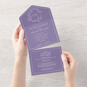 Invitación Todo En Uno Código QR Lilac Lavender Leafy Escudo Monograma