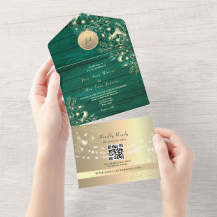 Invitación Todo En Uno Código QR Luces Doradas Rústicas Esmeralda Boda