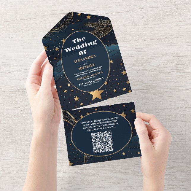 Invitación Todo En Uno Código QR Media Luna Celeste Boda Dorada (desgarro)