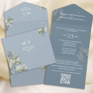 Invitación Todo En Uno Código QR Minimalista floral azul turbio moderno R