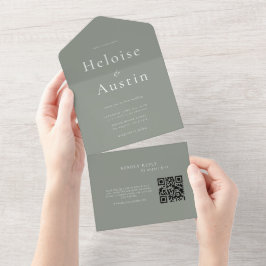 Invitación Todo En Uno Código QR Minimalista verde sabio Todo en una invi