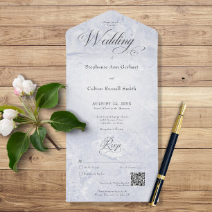 Invitación Todo En Uno Código QR mínimo de mármol azul moderno